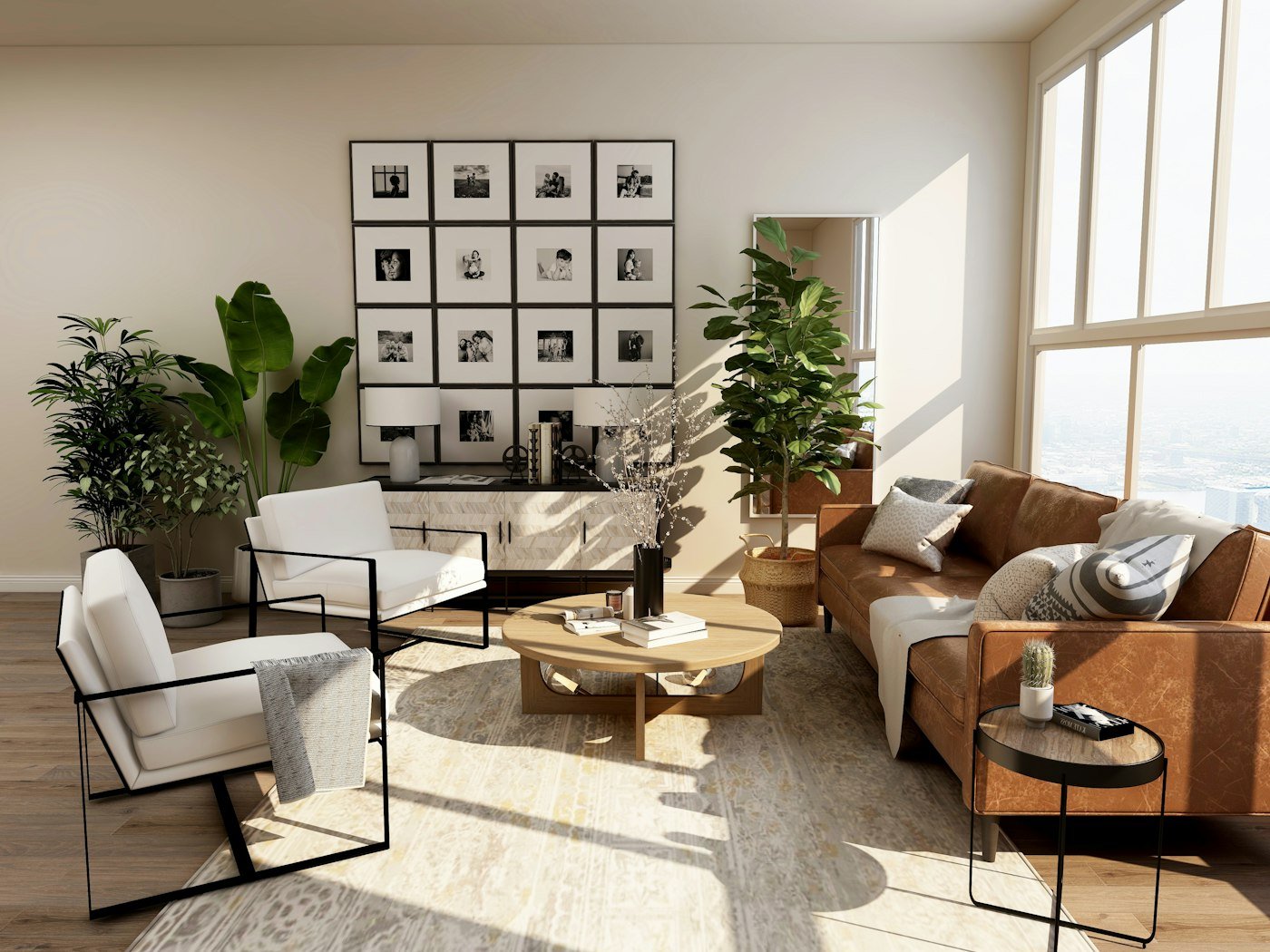 A living room with a brown leather sofa, white chairs, and a wall of framed photographs